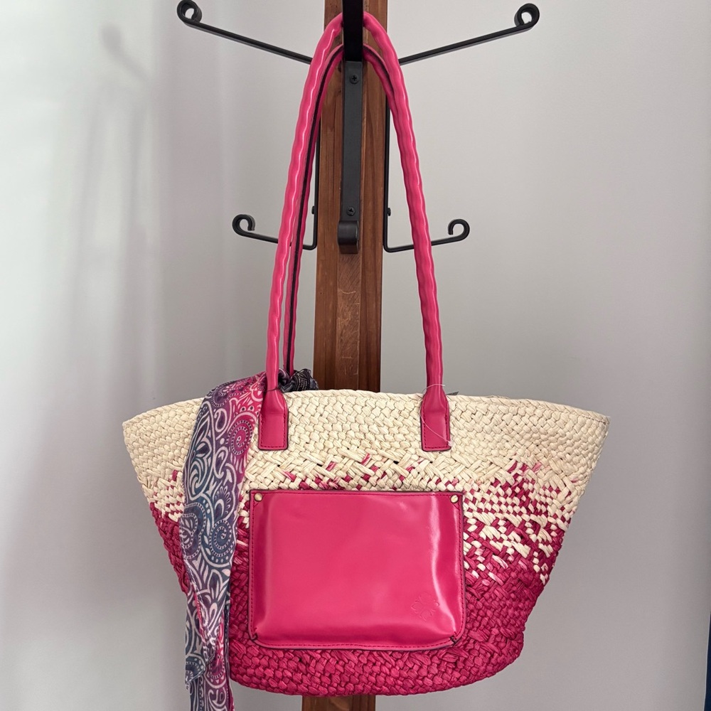 PATRICIA NASH Calypso Boho Woven Straw and Leather Tote with Scarf--NWT